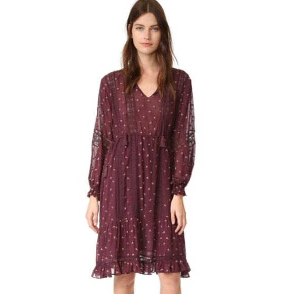 ULLA JOHNSON Myna Dress Floral Lace V Neck Midi Peasant Ruffle Boho Long Sleeve - Picture 1 of 13